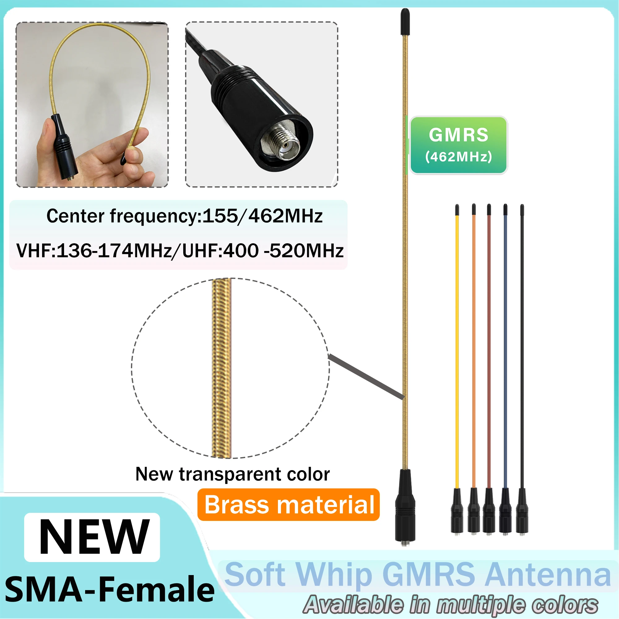 Soft Whip Antenna RH771 GMRS (462MHz) Antenna SMA-Female 155/462mhz VHF UHF For Baofeng GM-15 Pro GM-5RH TD-H3 UV-25M Ham Radio