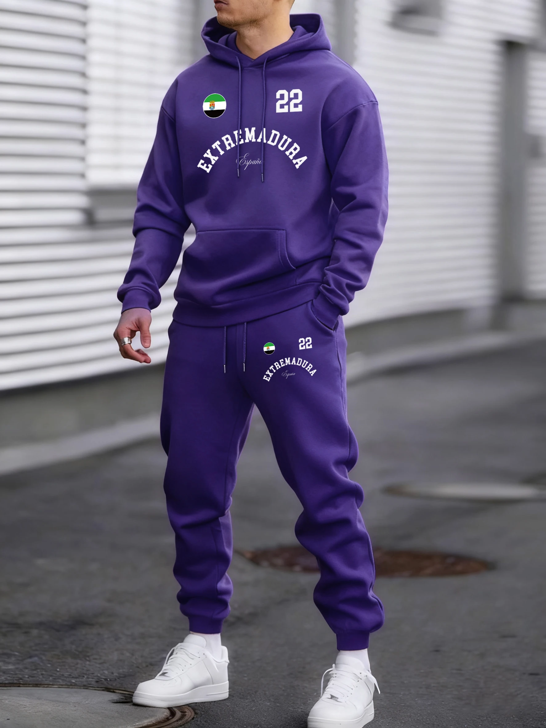 Conjunto de 2 piezas de sudadera y pantalón deportivo unisex con estampado de la bandera de Extremadura, España, para otoño e invierno, con capucha de forro polar, cómodo y estilo urbano.