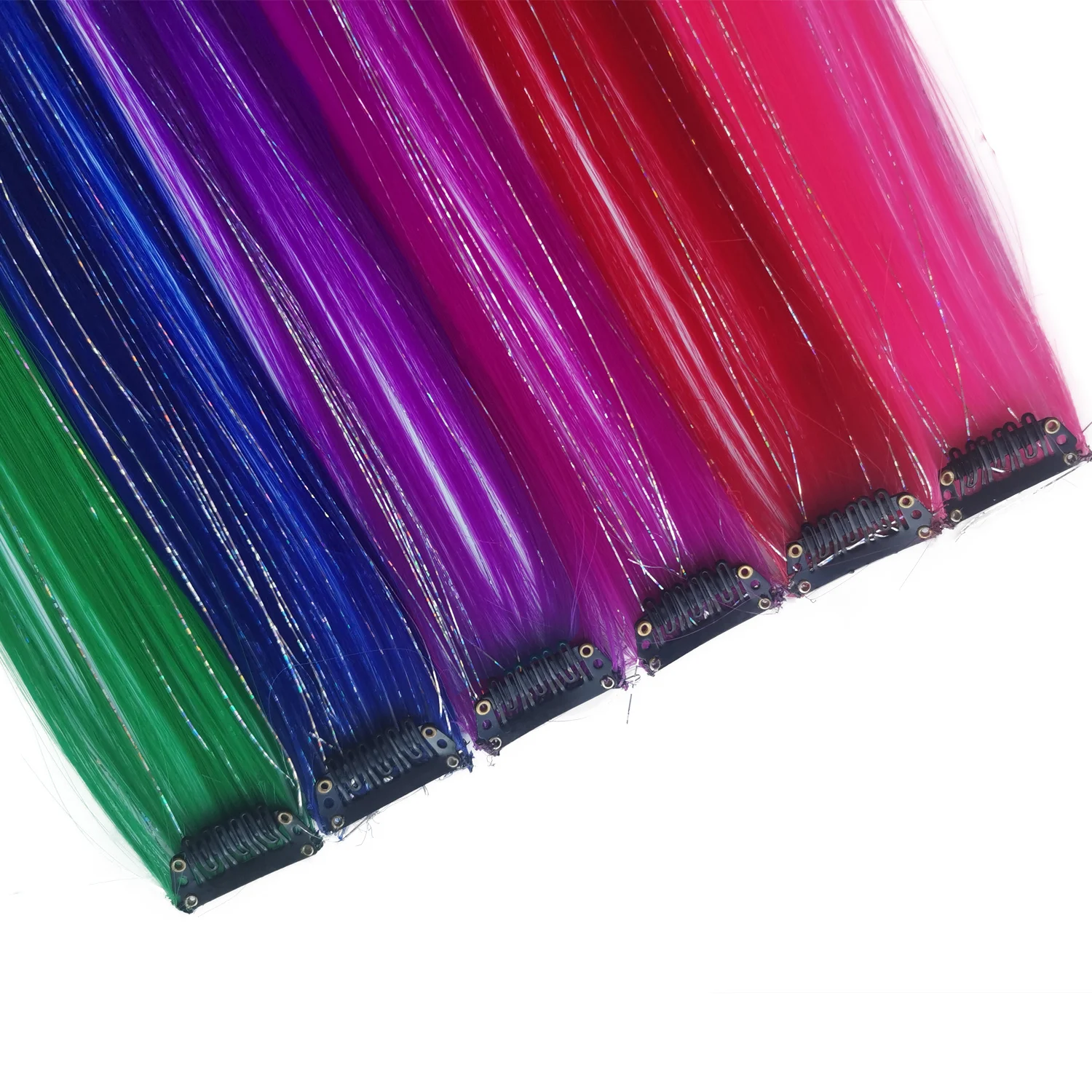 Synthetische Clip-in-Haarverlängerungen für Mädchen, 55,9 cm, mehrfarbig, 6 Stück/Packung, Regenbogen-glattes Haar, synthetische Haarteile – Detail 3