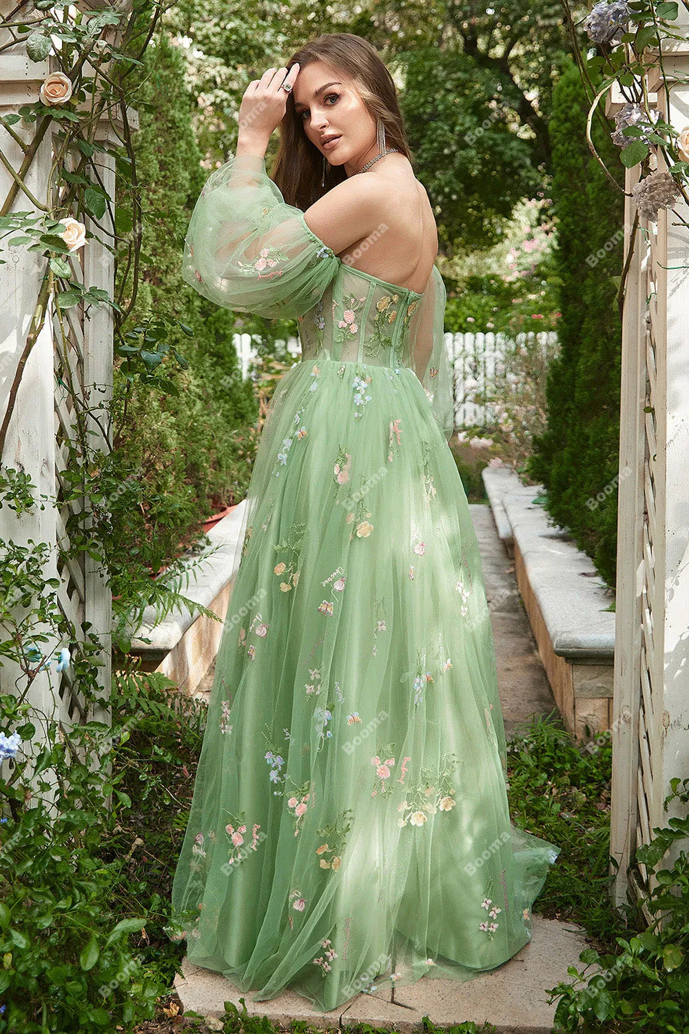 Booma Embroidery Lace Green Long Prom Dresses Sweetheart Off Shoulder Long Evening Dresses Boning Corset Graduation Party Gowns