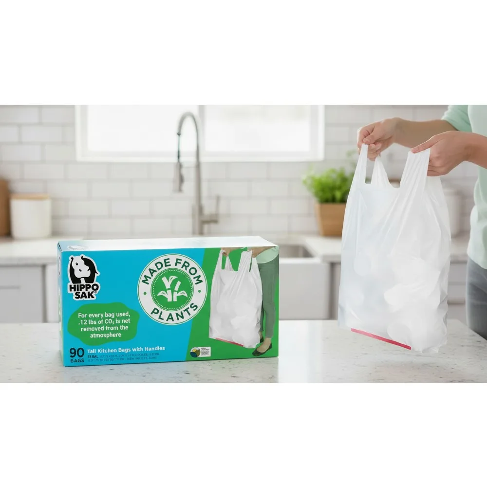 

Garbage Bags with Ergonomic Handles - 13 Gallon, Recyclable & Eco Friendly, Super Strong and Leak Proof (90 Count)