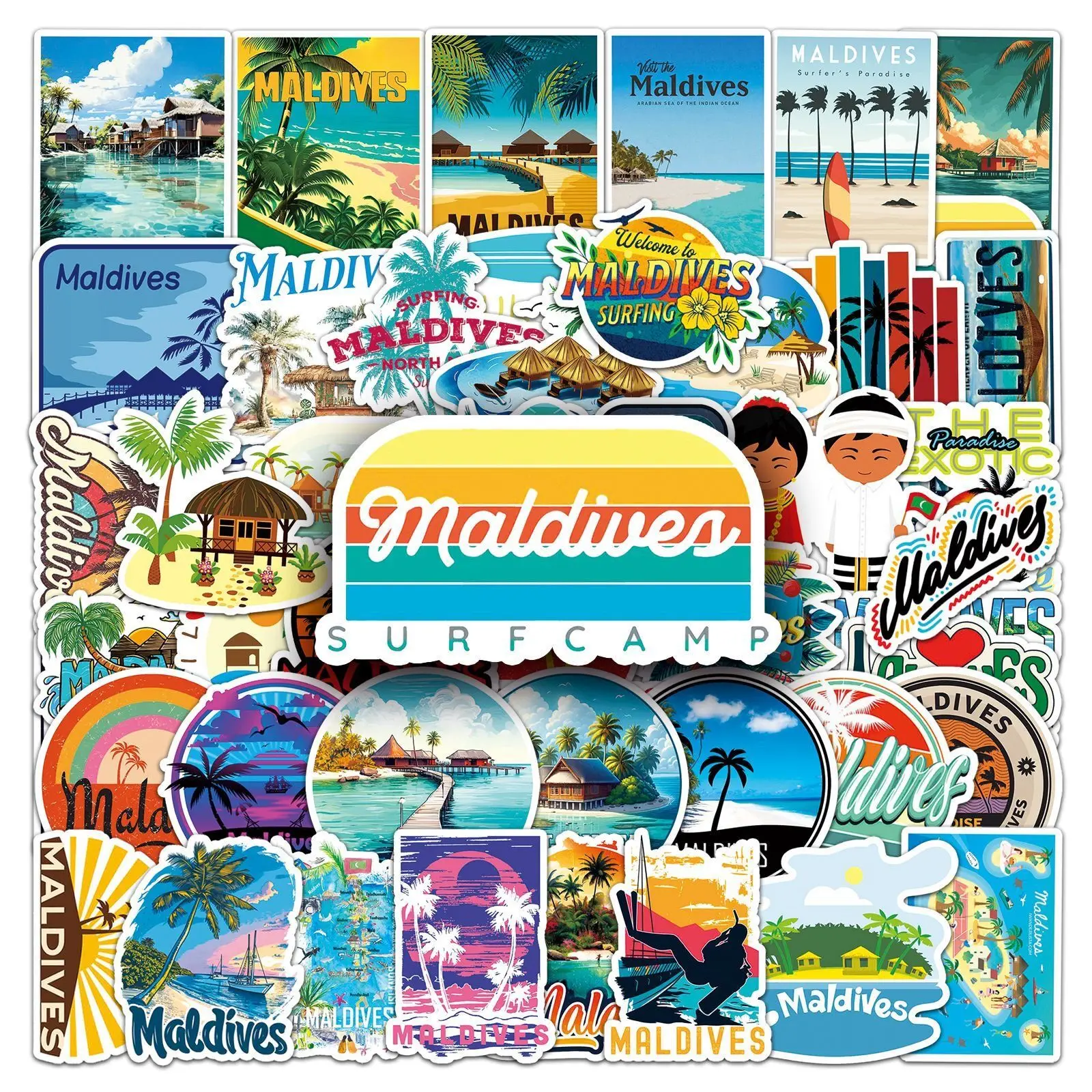 10/50pcs Cute Maldives Travel Stickers Holiday Beach Surfing Sticker Decals Toy DIY Luggage Laptop Phone Fridge Guitar Car Bike