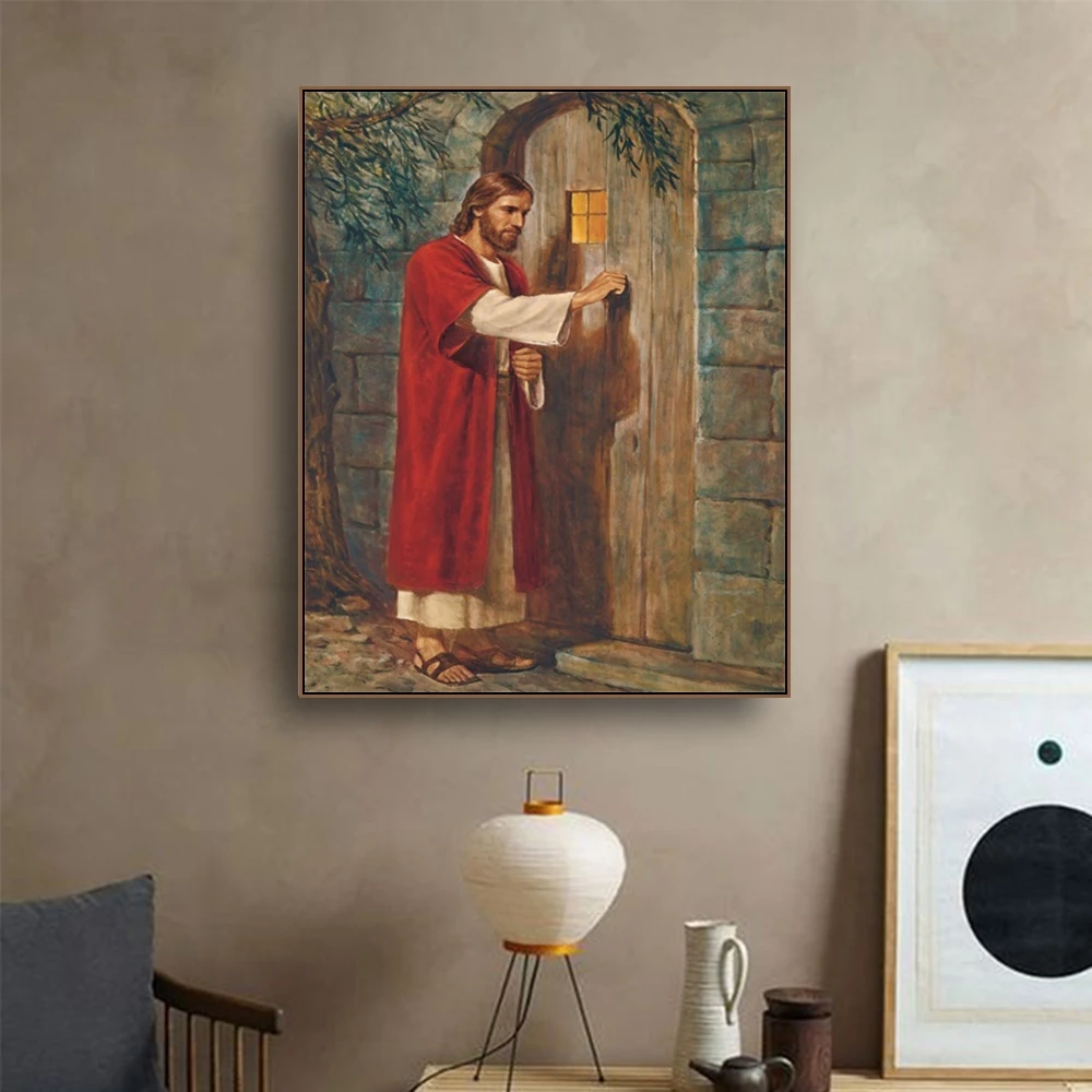 1pc Frameless Jesus Knocked at The Door Religious Christ Famous Oil Painting Canvas Art Print Wall Art Picture for Bedroom Churc