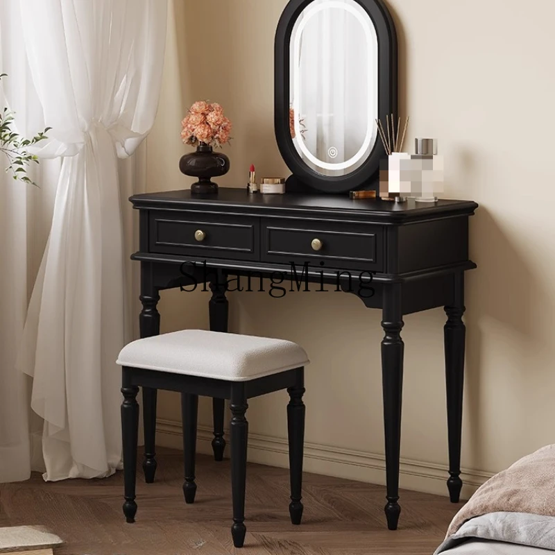 

ZYY retro dresser black small apartment bedroom multi-functional mirror integrated small makeup table with lamp