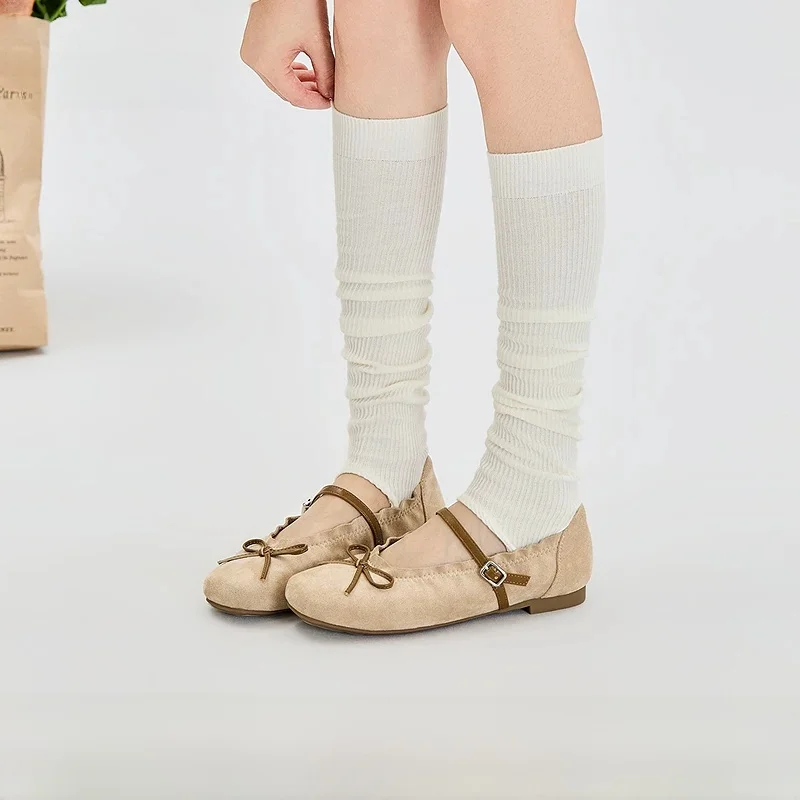 fashionable-retro-ballet-style-women's-single-shoes-with-knot-collision-color-one-strap-autumn-season-pu-lined-flats