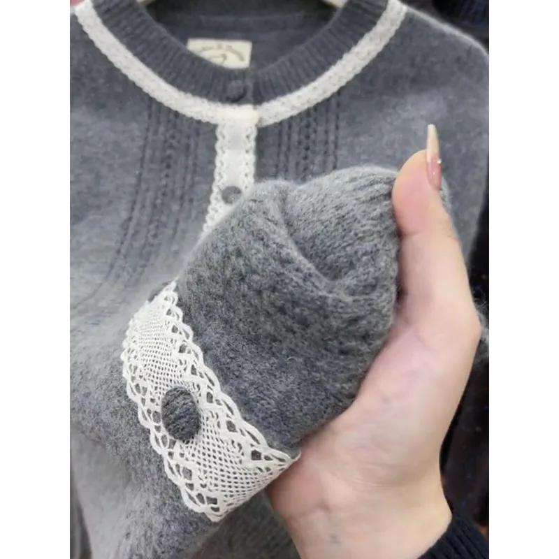 Gray Lace Spliced Sweater for Women in Early Spring 2025 Round Neck Long Sleeve Versatile Single-breasted Knitted Cardigan