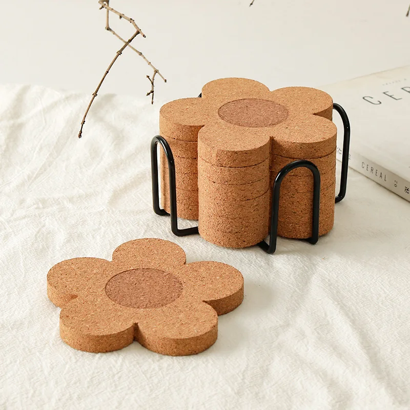 6/4PCS Coaster with Storage Rack Cork Flower Shape Coasters for Coffee Tea Cup Mat Absorbent&Reusable Coaster Set Non-slip Mat