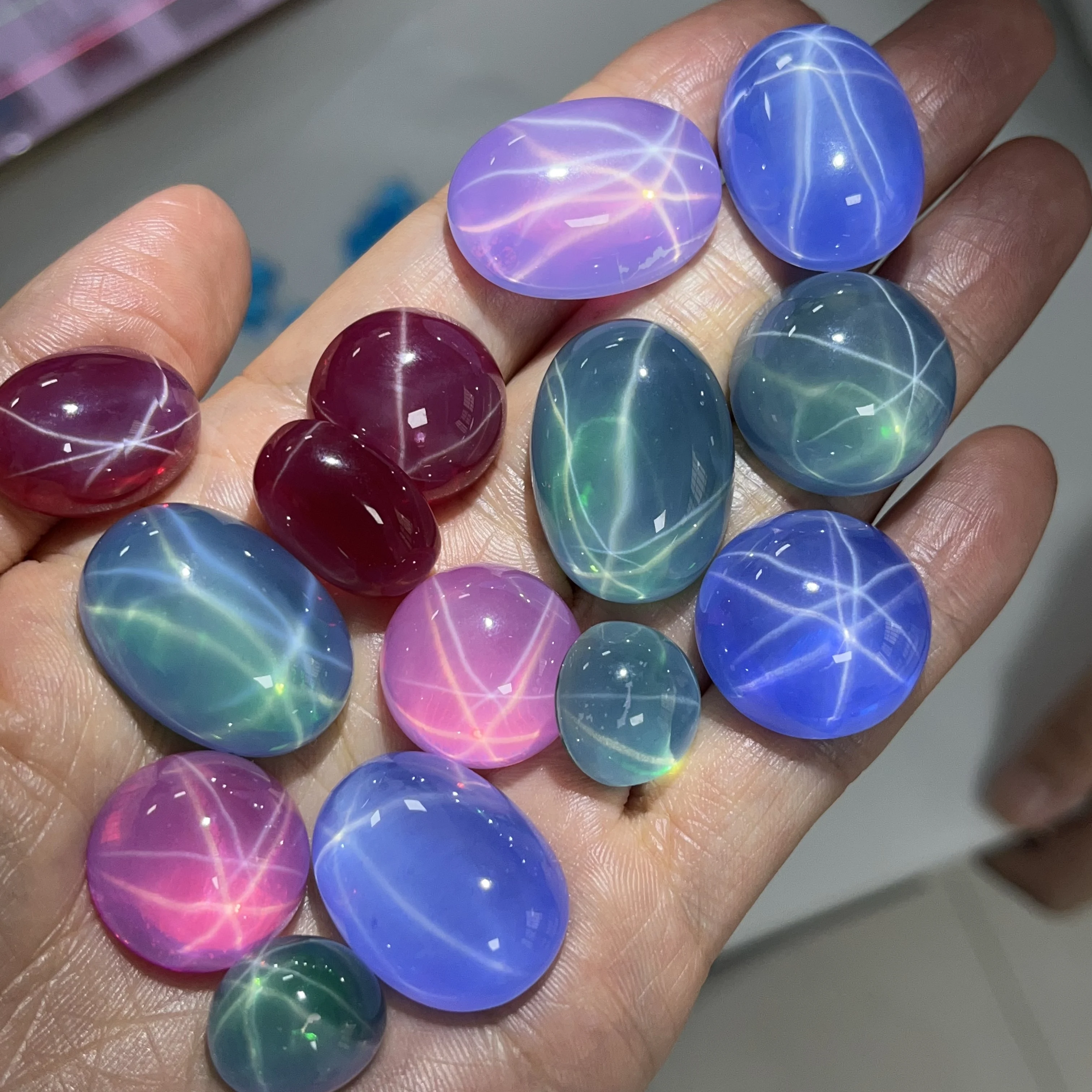 

DS Gems Loose Synthetic Corundum Oval Cabochon Cut Green Pink Red Blue Star Sapphire