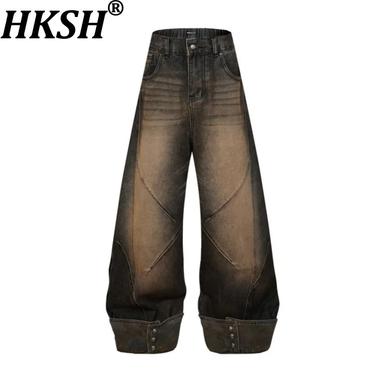 

HKSH Spring Autumn New Men Tide High Street Jeans 3D Patchwork Vintage Button Women Trend Wide Leg Chic Ins Vibe Fashion HK18527