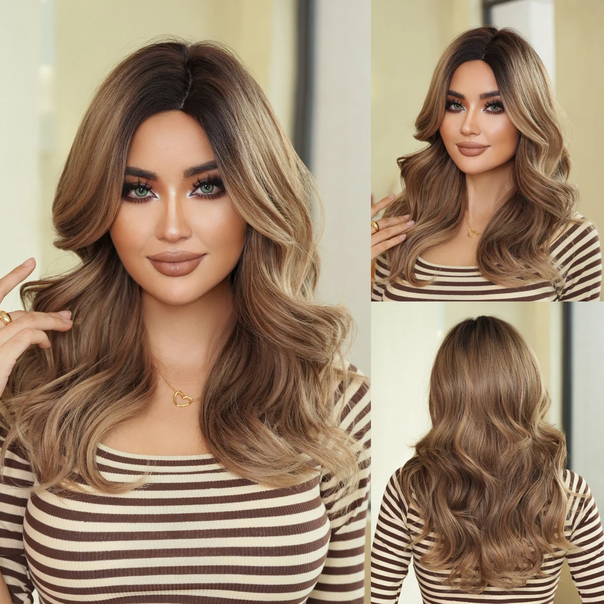 NAMM New Fashion Long Wavy Brown Wigs Dark Roots Natural Looking High Quality Fiber Synthetic Fluffy Curly Wigs