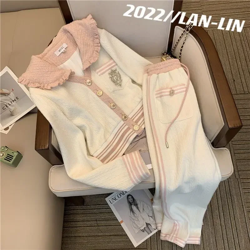 Korean Cropped Twist Sweater Single Breasted Knitted Cardigan Coat Lapel + Wide Leg Knitting Pants Sweatpants Two Piece Sets