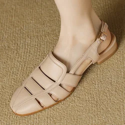 Women's genuine leather narrow band hollow-out slingback slip-on flats sandals round toe casual female summer daily shoes woman