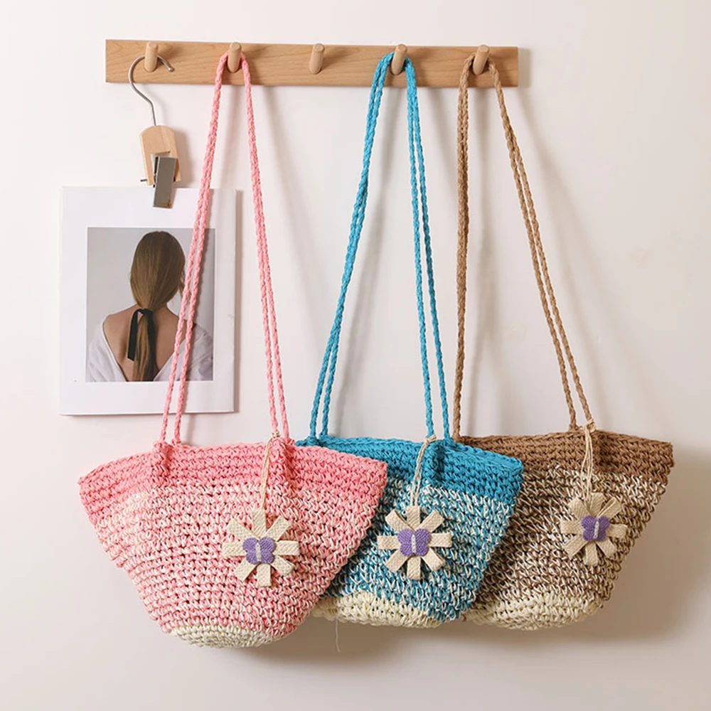 

Cute Flower Beach Shoulder Bag Gradient Color Woven Straw Bags for Women Candy Color Paper Knitting Handbags and Purses Tote NEW