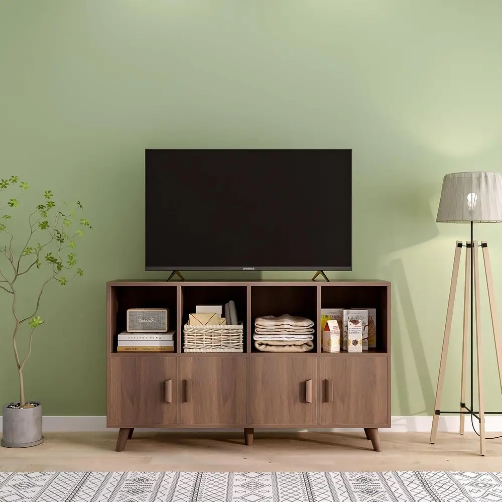 Walnut 8-Cube Open Bookshelf with Solid Wood Legs and 2-Tier Storage Cabinet