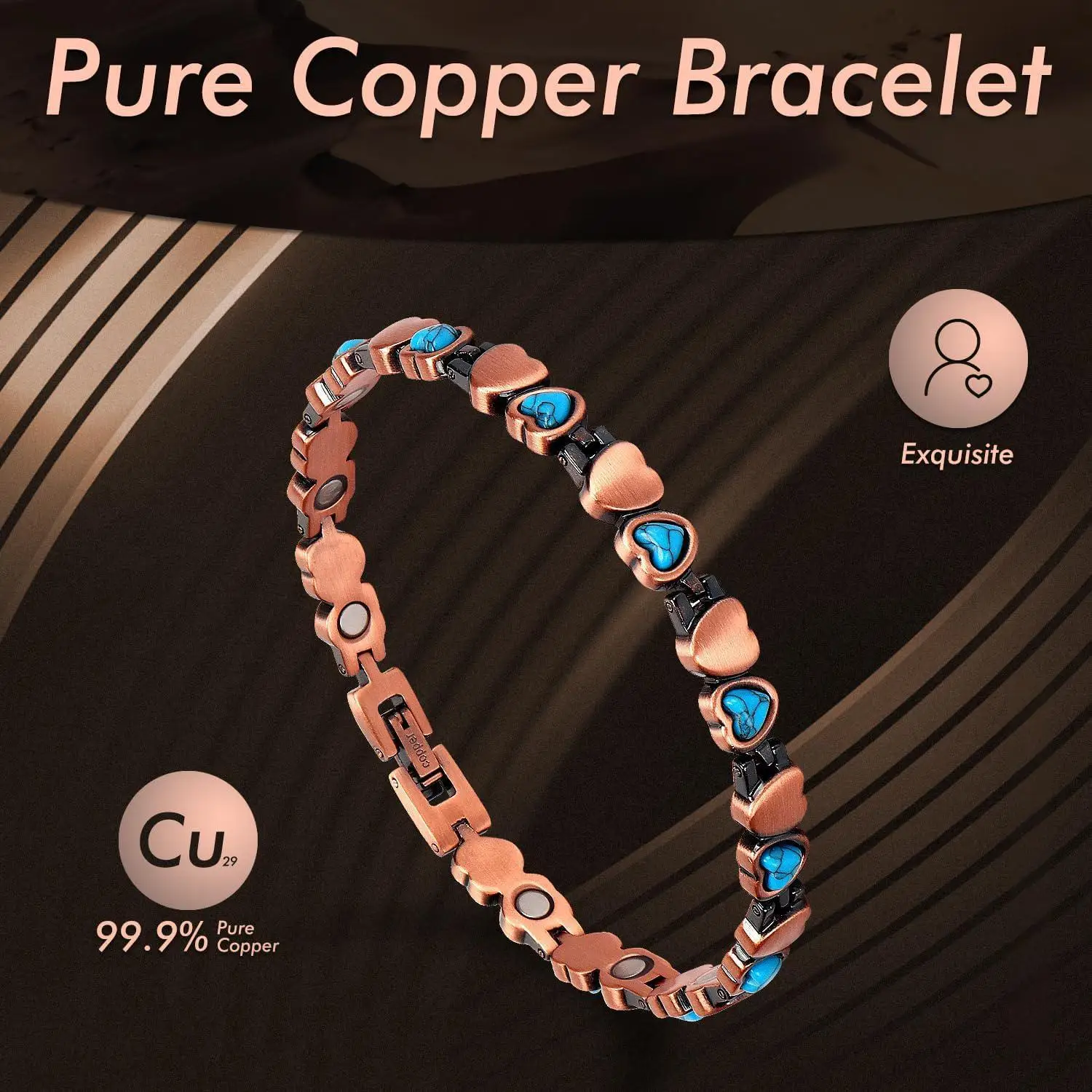 ARADOO Blue Turquoise Copper Bracelets for Women with 3500 Gauss Neodymium Magnets Jewelry Gifts