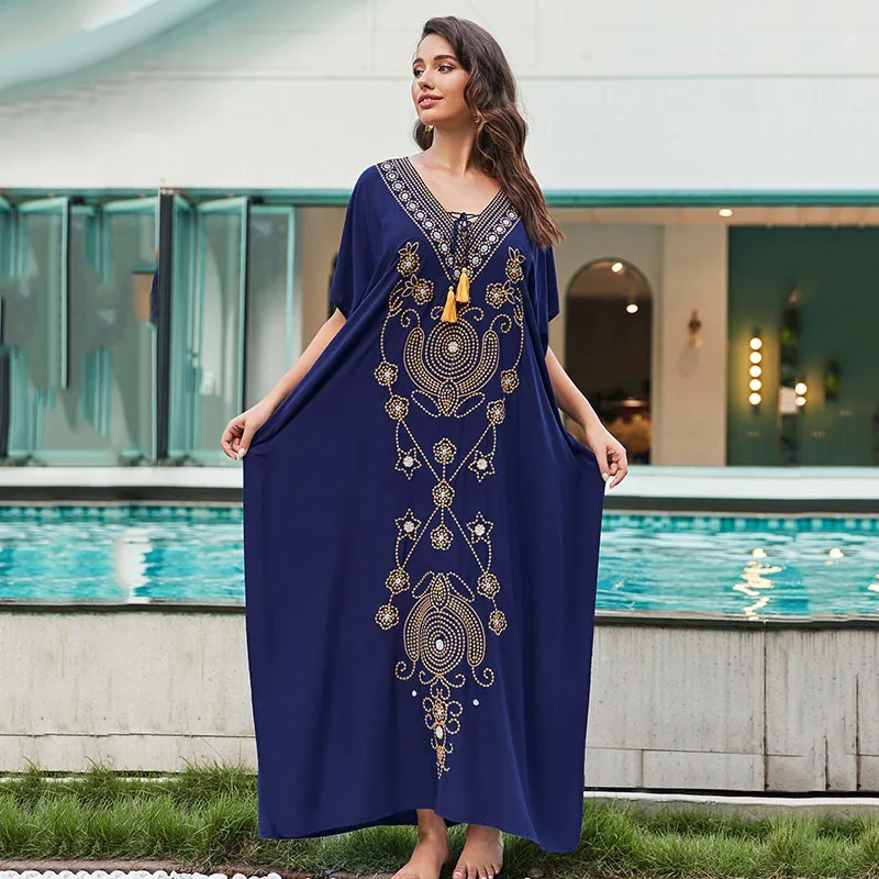قفطان مطرز باللون الكحلي للنساء ، سترة للشاطئ ، غطاء للبيكيني ، ضمادات فضفاضة ، رقبة على شكل حرف V ، ملابس سباحة ، سترة رشيق ، ملابس شاطئ