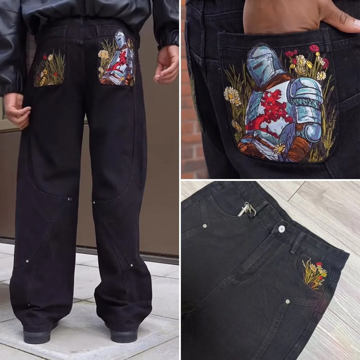 

Брюки Fallen Knight с вышивкой, женские, в рыцарском стиле, широкие, с высокой талией, джинсы, комфортные, модный тренд Y2K, уличная одежда