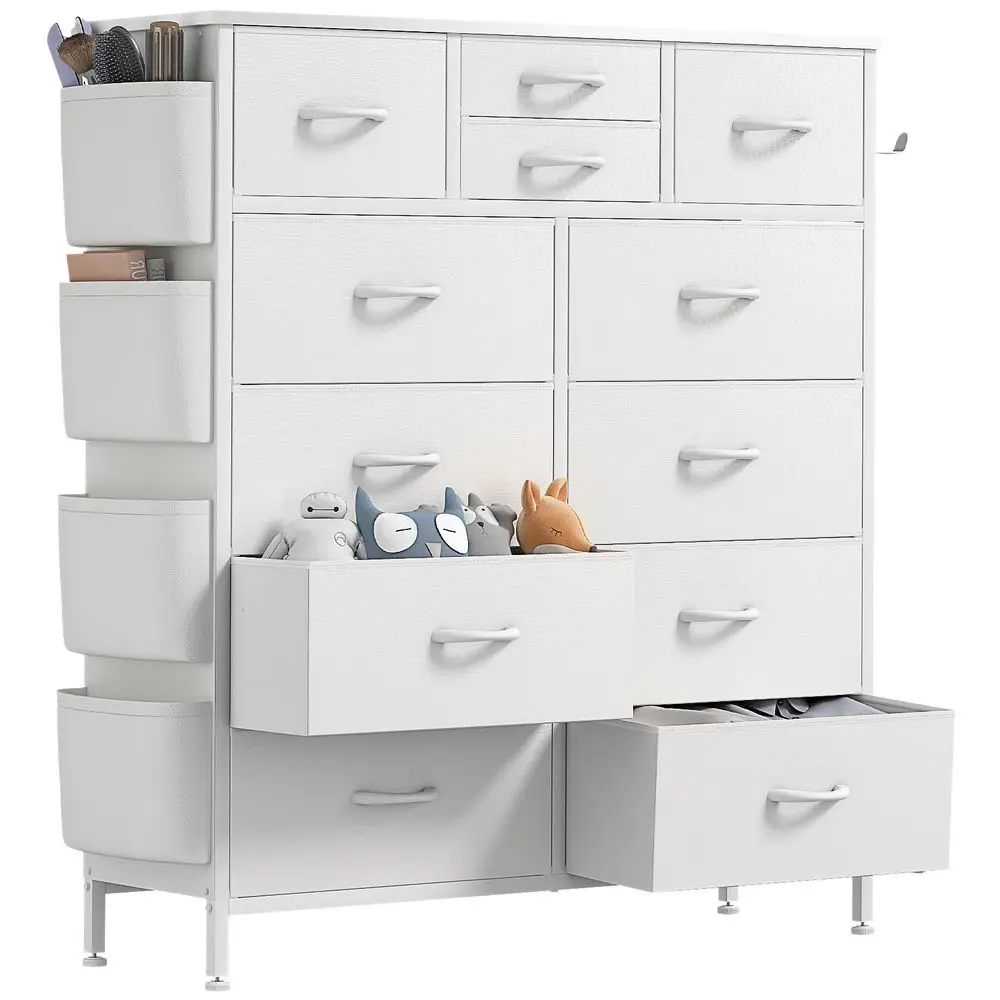 

Fabric Dresser for Bedroom, Tall Dresser Chest of Drawers with Side White Pockets and Hooks, Free Standing Organizer White