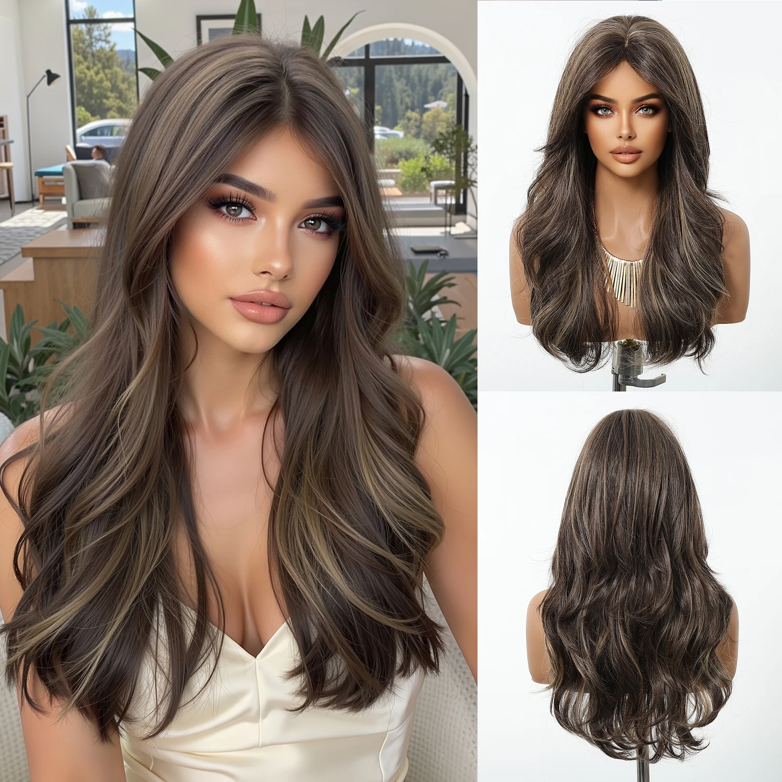Halloween Wig TopShe Long Wavy Synthetic Hair 22 Inch Dimensional Highlighted Brown Wigs Natural Looking Center Part Layered Waves for Women Party Daily Wear Soft Heat Resistant Hairpiece Fancy Dress Up Style Fall Winter Costume Cosplay Wig