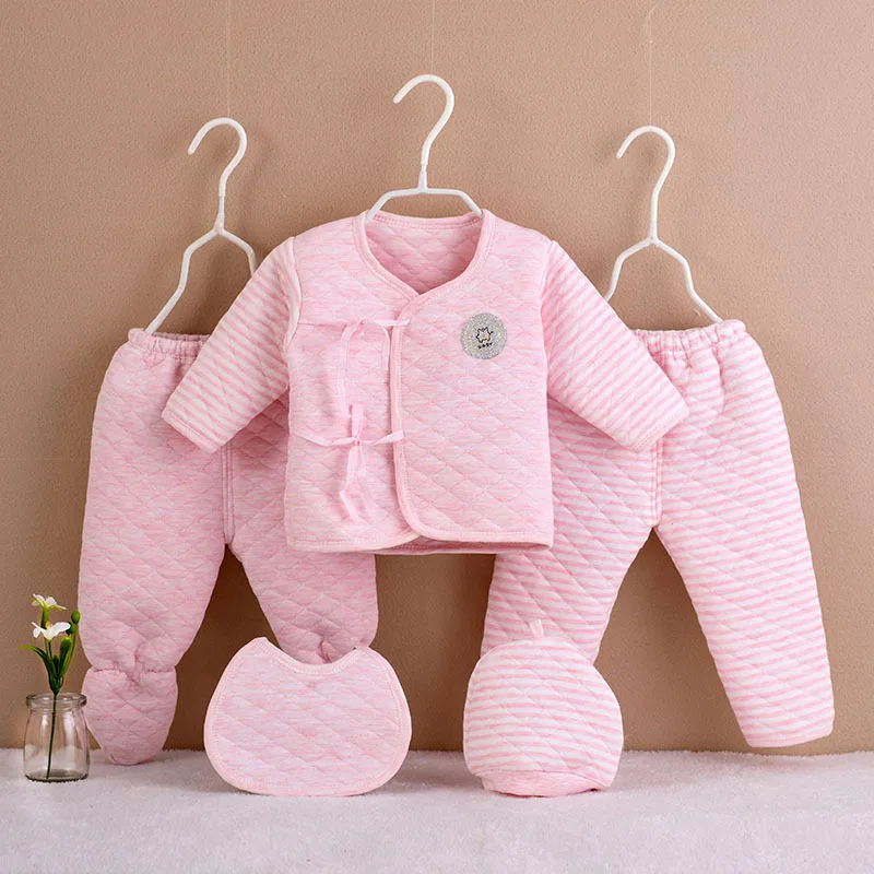 5Piece Autumn Winter Newborn Boy Clothes Girls Outfit Sets Korean Casual Cute Warm Thick Cotton Tops+Pants Baby Clothing BC839