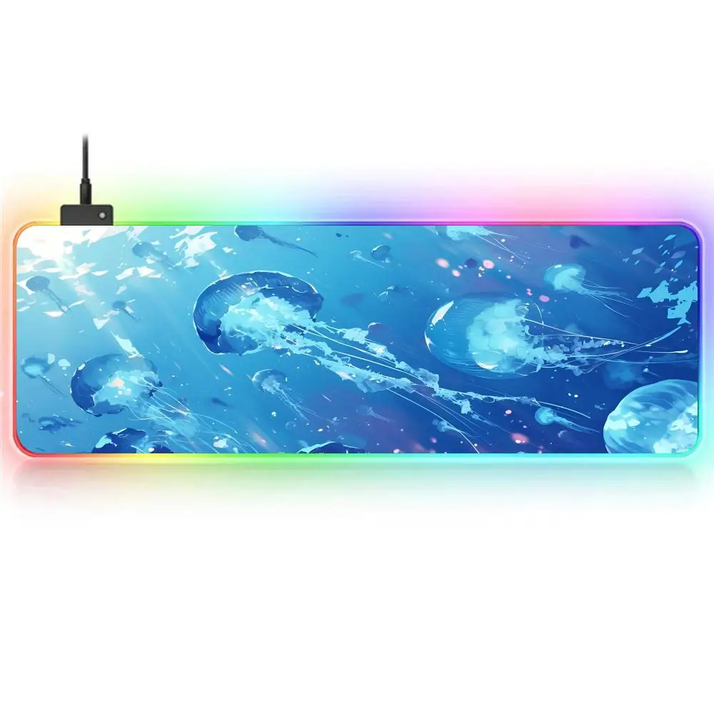 Blue jellyfish Mouse Pad RGB Large Gaming Mouse Pad Non-slip Rubber Base Keyboard Pad Extra Large Luminous LED Mouse Pad