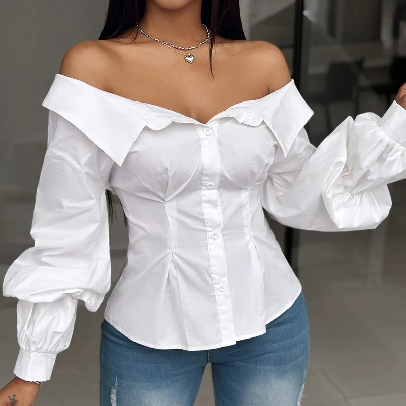 New Women's One-word Shoulder Lantern Sleeve Shirt