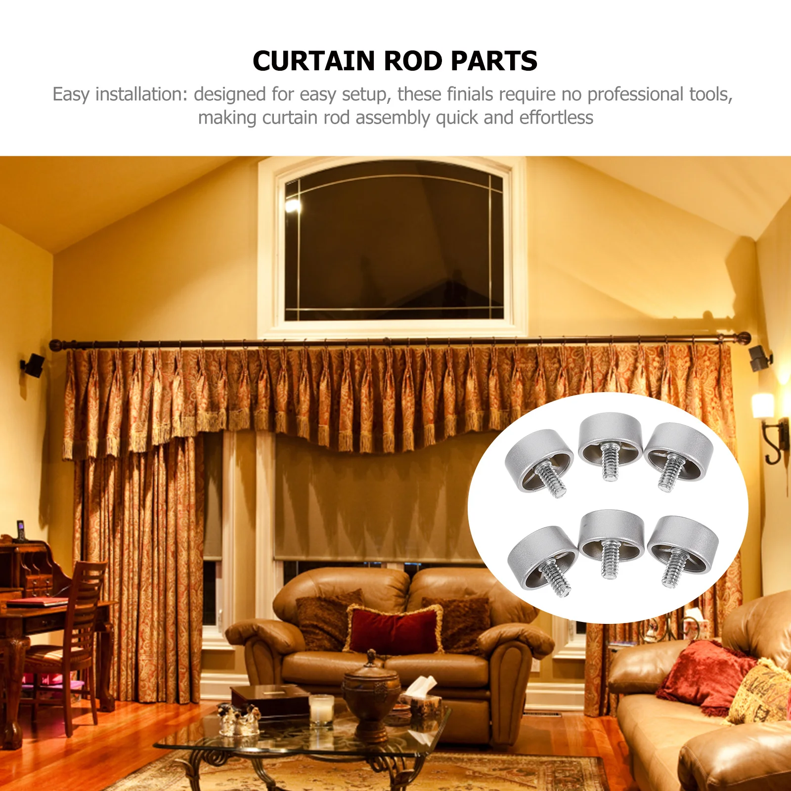

6pcs Curtain Rod End Caps For 3/4 Inch Poles Decorative Finials Home Office Bedroom Living Room Use Plastic Metal Curtain