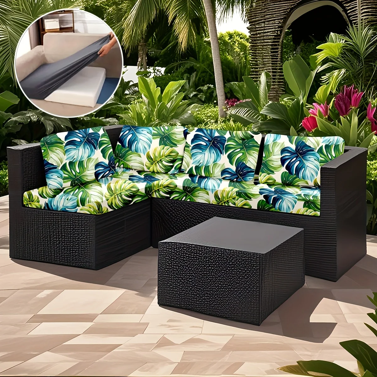 6/8pcs Outdoor Sofa Canopy,Tropical Monstera Leaf Print Waterproof Sofa Slipcovers for Garden