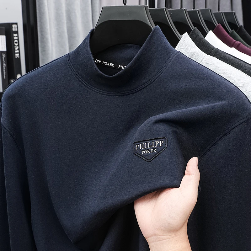 

Light Luxury Brand Men's 2025 Autumn and Winter New Embroidered and Brushed Semi High Neck Long Sleeved Base Shirt for Warmth
