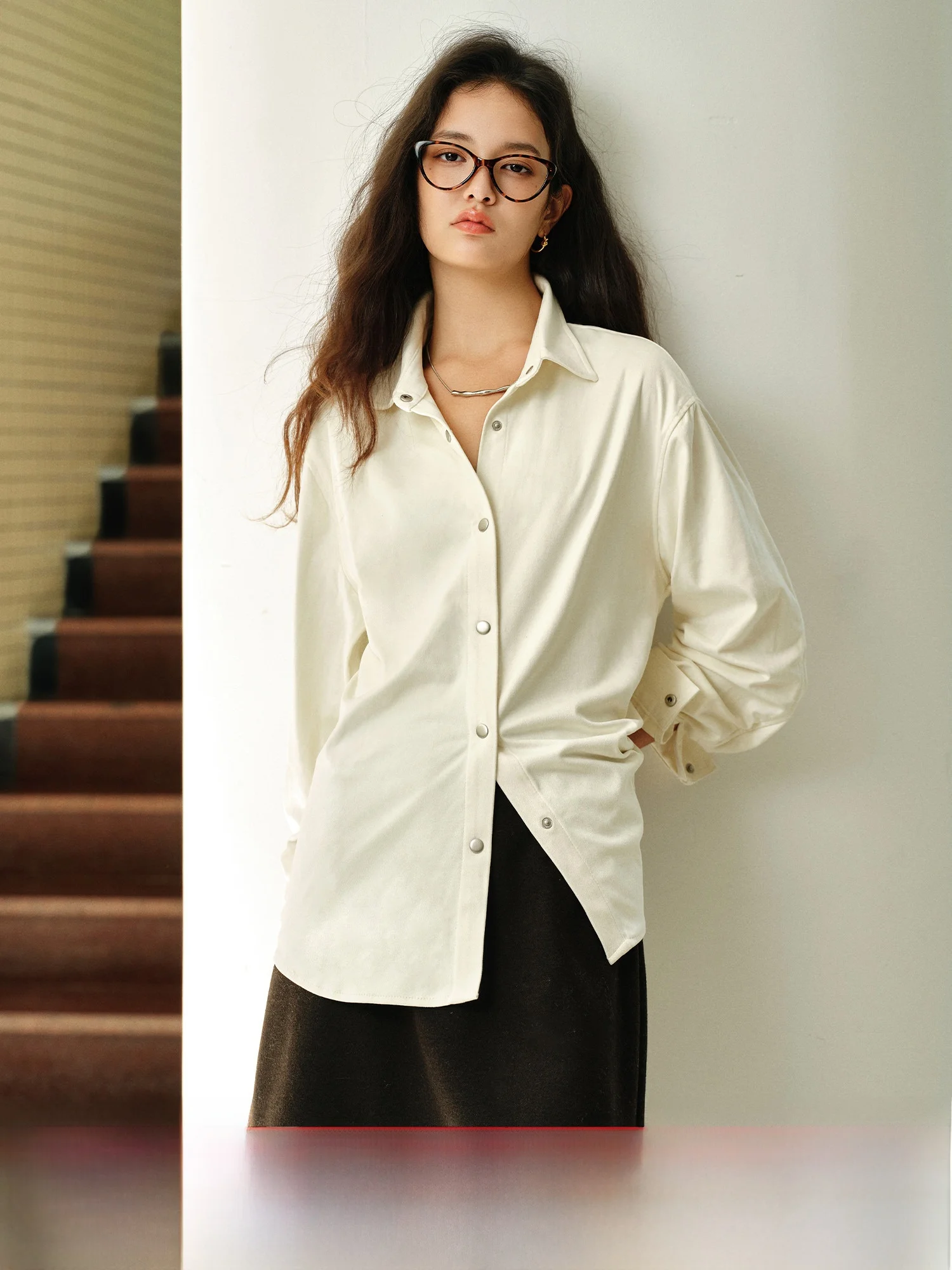 

Classic Collar Loose Fit eepskin Velvet irt Versatile Autumn Top Simple Sle Women's Premium Faion Polyester Fiber