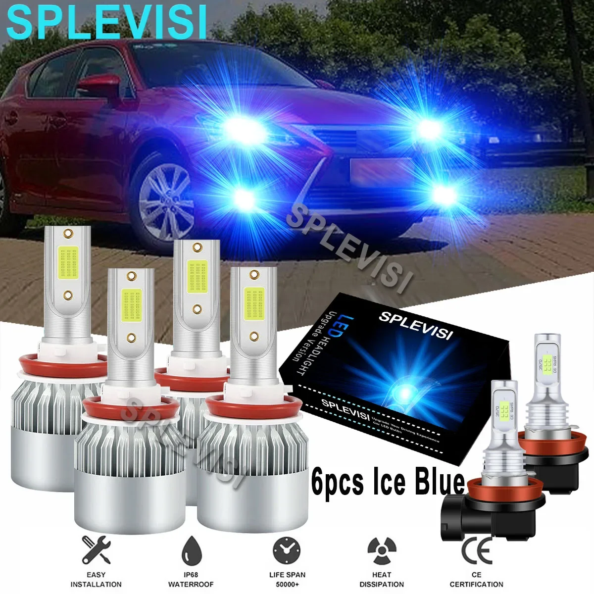 

6x LED Ice Blue Car Headlight Fog Light Bulbs Hi Low Beam 8000K Fit For Lexus CT200h 2011-2017 Chevrolet Camaro 2014 2015-2015