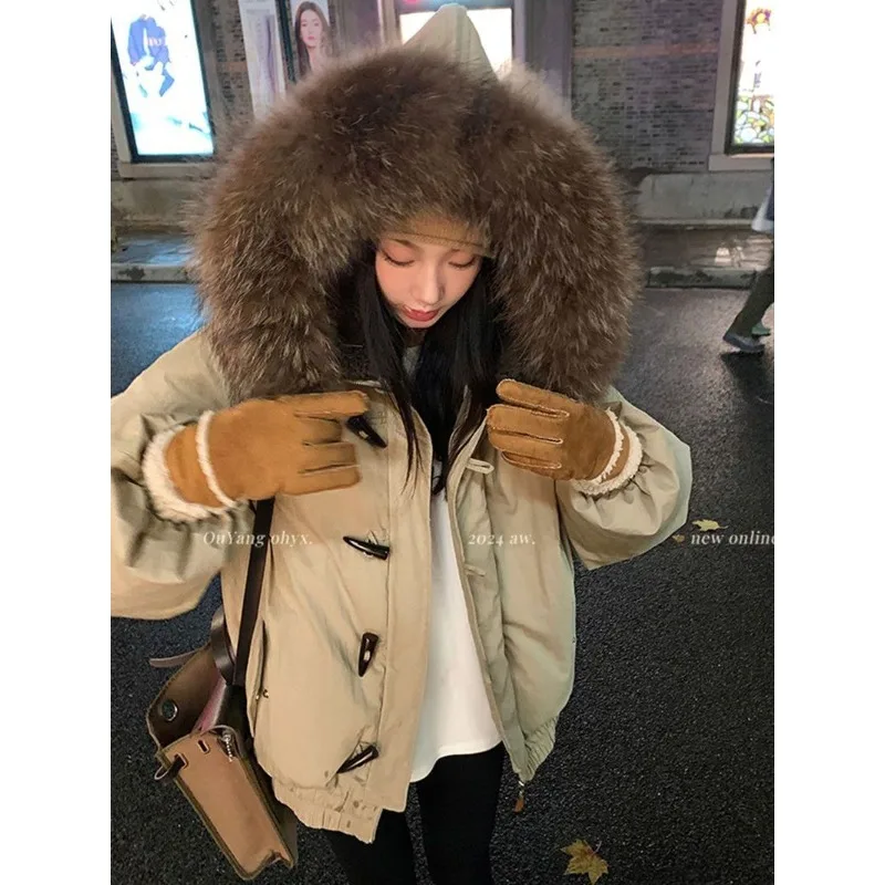 

Parka Jacket Down Fur Collarr Cotton Coat Hood Newly Added Thick Version American Horn Buttons Cotton Winter Coat for Warmth