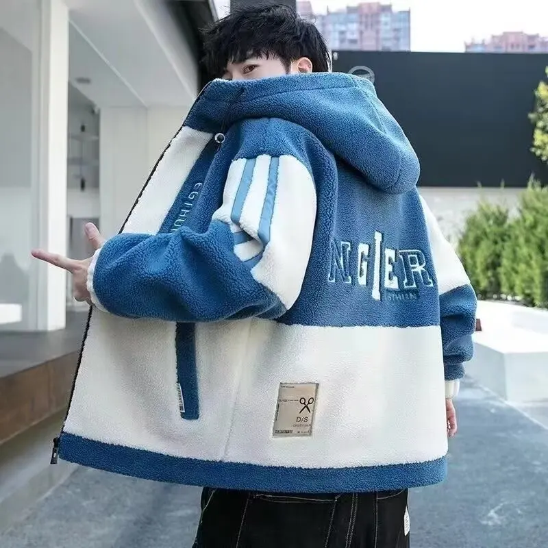 

Regular stand up collar lambskin jacket for men, autumn and winter new style cotton jacket, solid color for teenagers