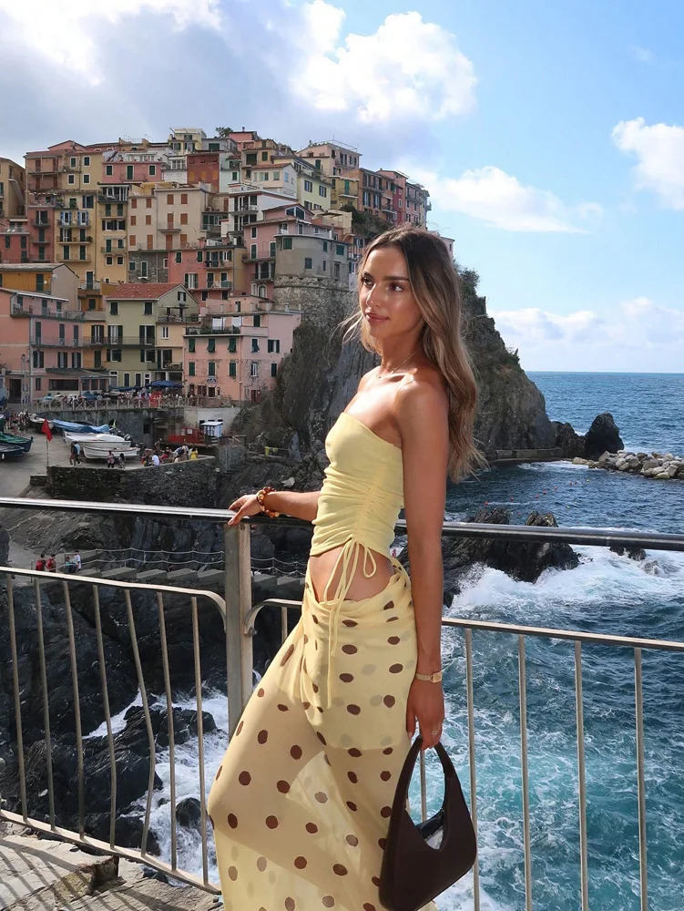 Y2K-inspired Street Style: Women's Casual Vacation Strapless Polka Dot Print Chiffon Maxi Dress—Perfect for Dates
