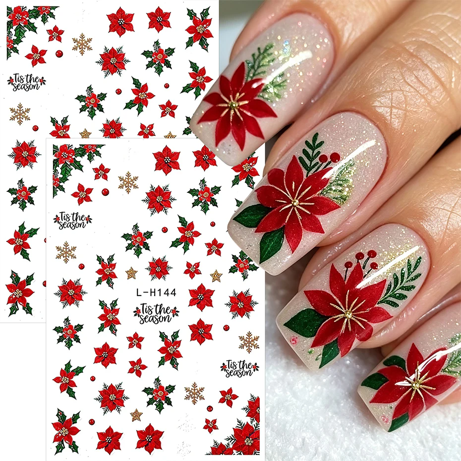 Nail Art Xmas - 2pcs Christmas Nail Stickers Red Poinsettia