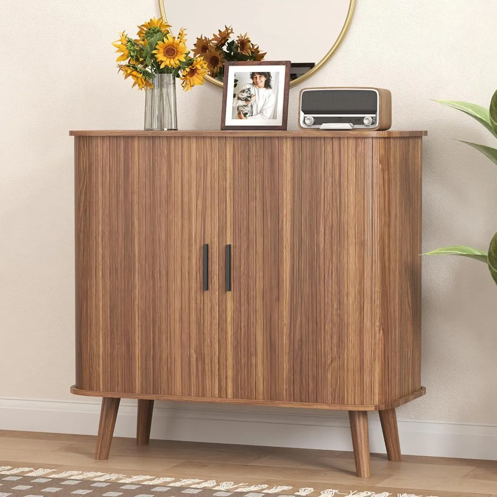 

Buffet Cabinet with Storage, Curved-Edge Fluted Storage Cabinet Sideboard, Modern Walnut Sideboard Buffet with Adjustable Shelve