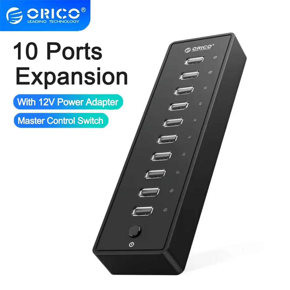

ORICO 10-портовый концентратор USB 2.0 с адаптером питания 12 В, высокоскоростной USB-разветвитель для ПК, компьютера, ноутбука, кабель для передачи данных 1 м в комплекте
