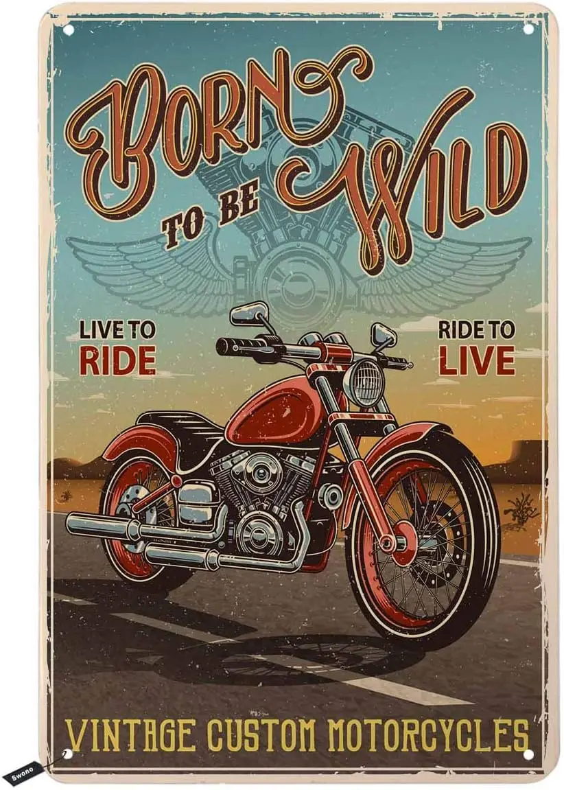 Swono Born To Be Wild Tin Signs,V Custom Red Motorcycles Ride on Road Vintage Metal Sign For Men Women,Wall Decor Bars,R