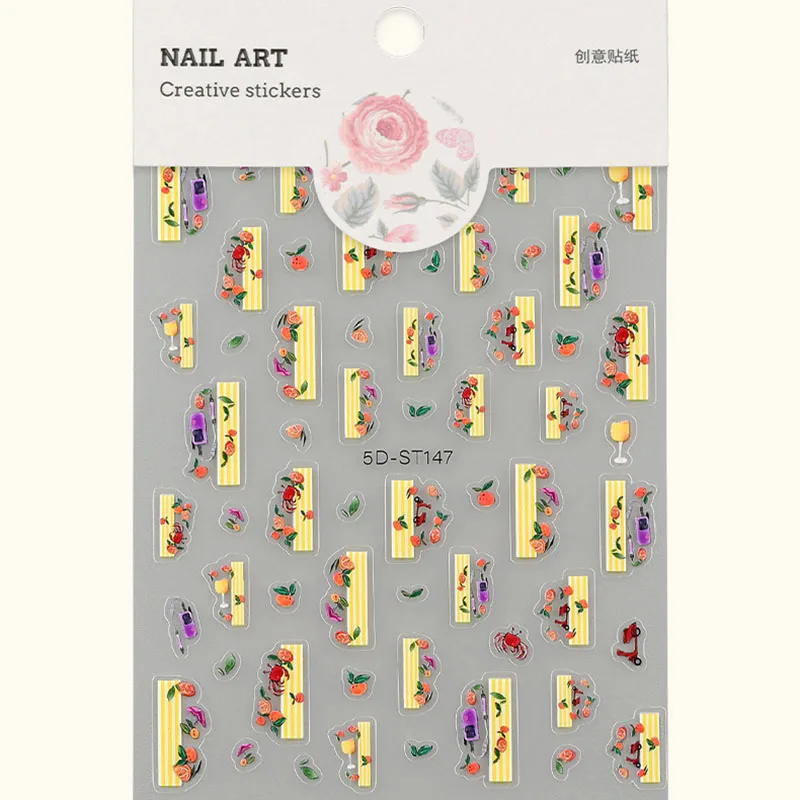 Pegatinas para uñas 5D: bonitos diseños de naranja, fruta, cangrejo, motocicleta y copa de vino para cosméticos, teléfonos, cámaras y álbumes de recortes