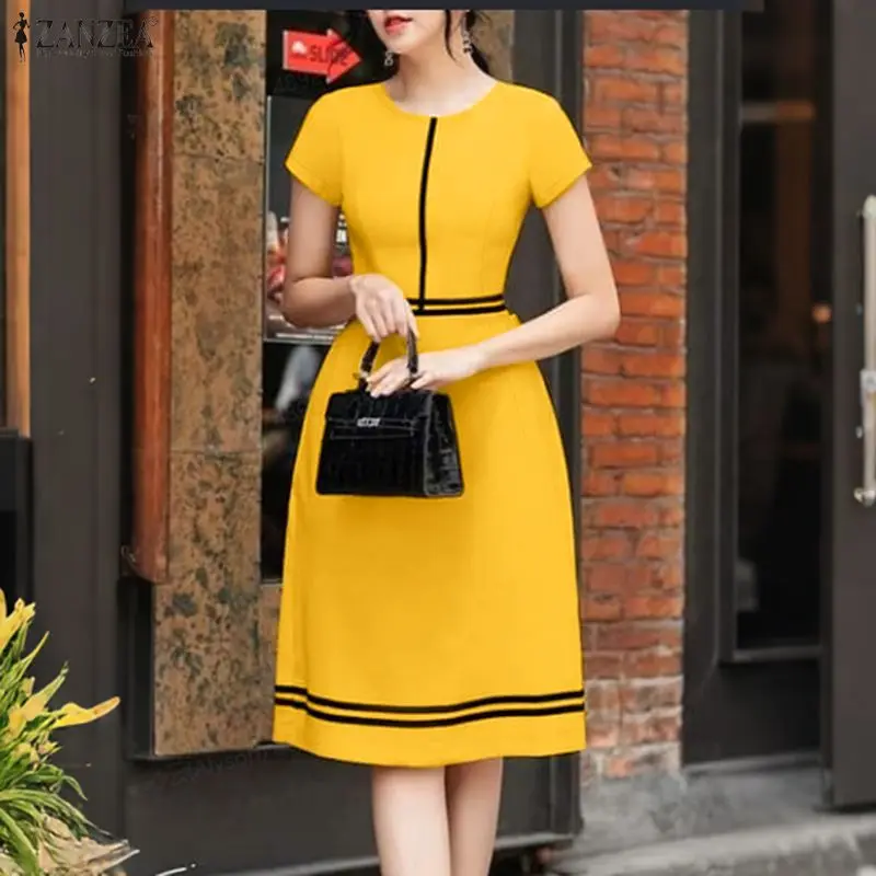 Stylish Summer Color Blocking Dress 2026 ZANZEA Elegant Women OL Work Midi Dresses O Neck Short Sleeve Sundress Holiday Vestidos