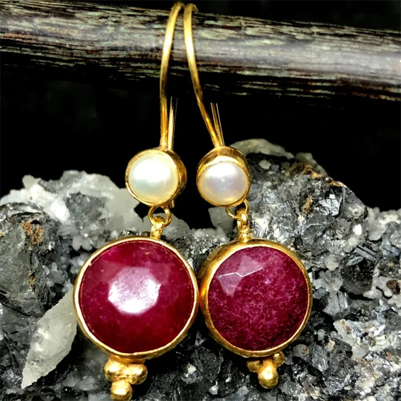 Classic Round Imitation Pearl Earrings Women Trendy Gold Color Metal Inlaid with Red Stones Hook Dangle Earrings Jewelry