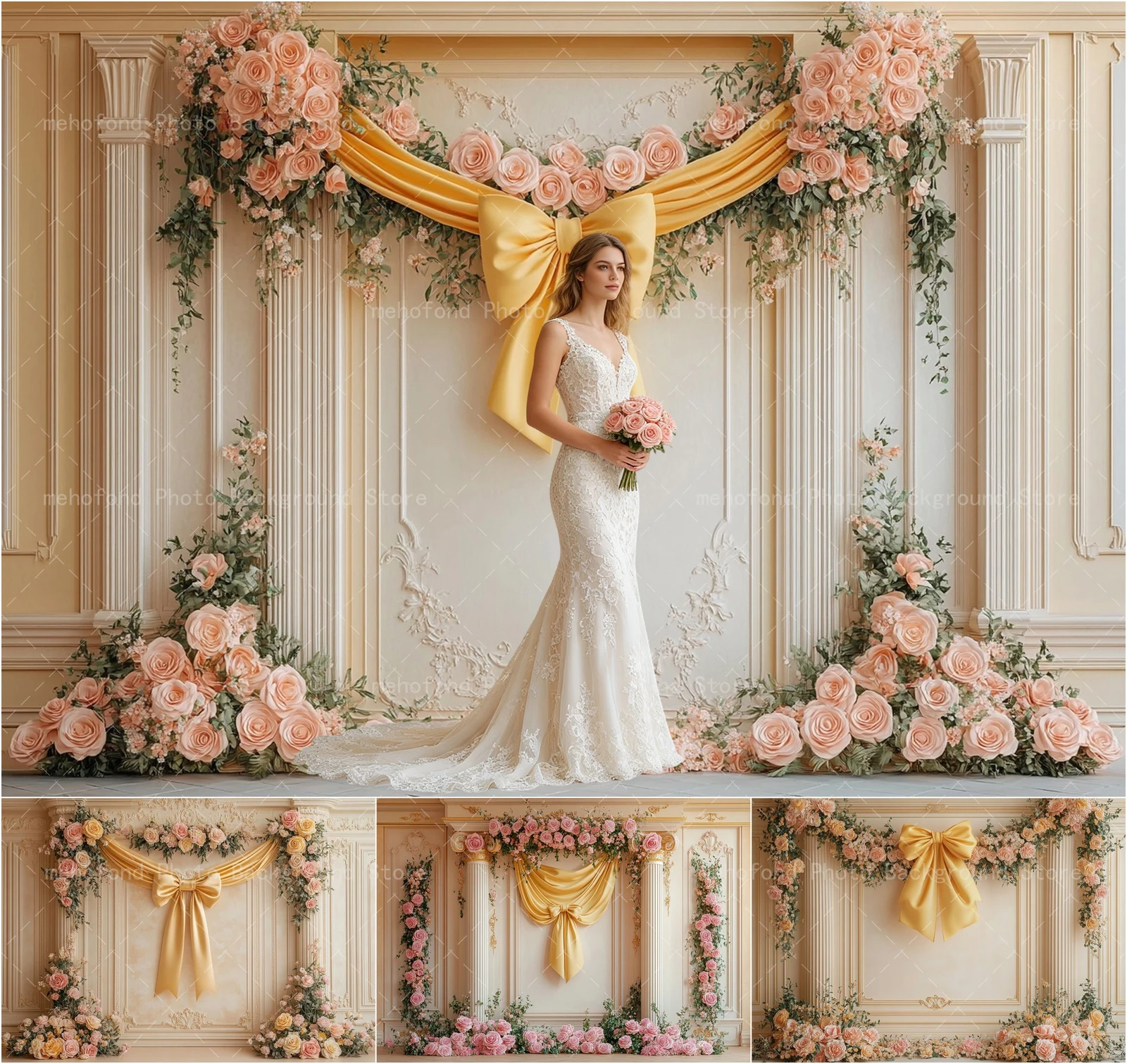 Mehofond Photography Background Elegant Relief Pattern Yellow Satin Bow Pink Rose Romantic Kids Family Portrait Backdrop Decor