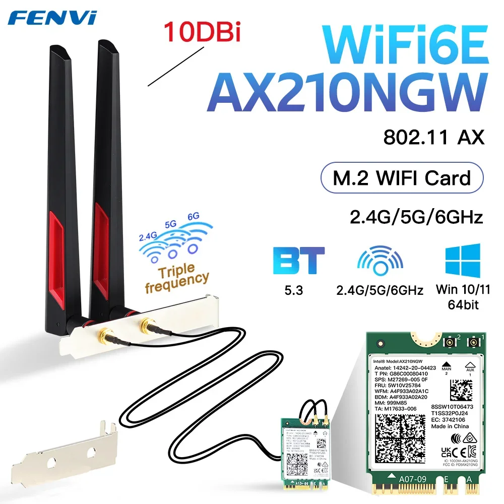 3000Mbps Wi-Fi 6E AX210 Desktop Wireless Card Bluetooth 5.3 802.11ac/ax Tri Band M.2 WiFi Adapter With 10dbi Antennas  Win 10