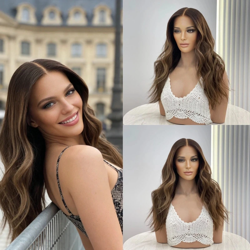 Free Part Wig Ombre Caramel Brown Synthetic HD Lace Front Wig Good Quality Wig For Women 24 Inch Heat Resistant Wig Glueless Wig