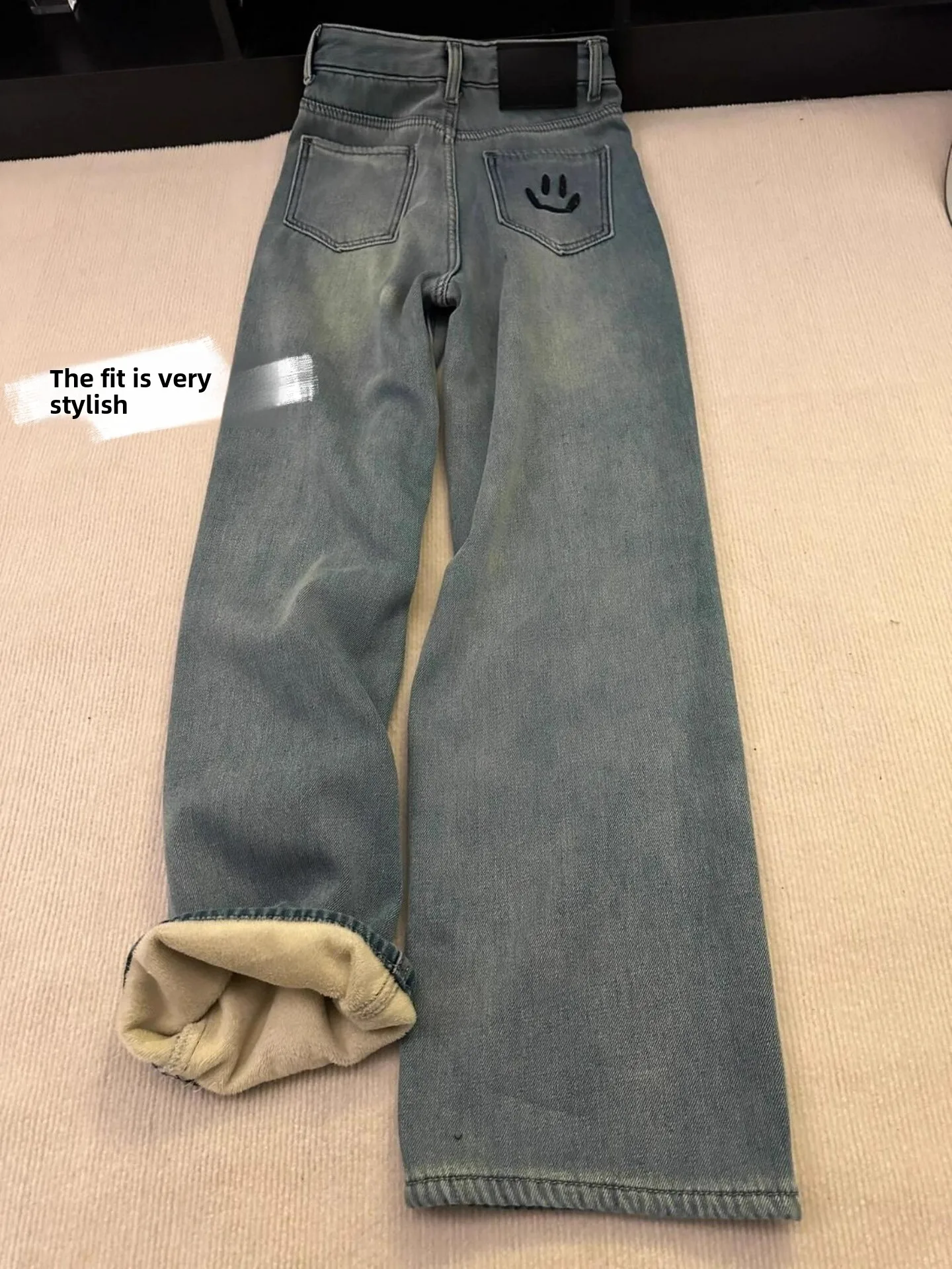 

Winter Women's Fleece Lined Denim Jeans High Waist Straight Leg Loose Long Pants Cross Covering Comfortable Casual Trousers