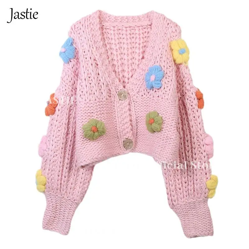 Jastie Sweater Cardigan 2023 Autumn Winter New Women's Clothing Handmade Flower V-neck Long-sleeved Loose Sweet Knitted Cardigan