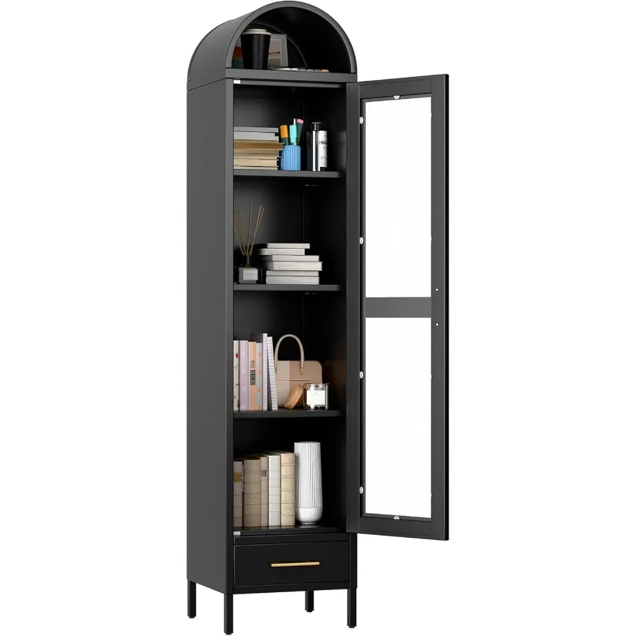 73 Narrow Metal Arched Cabinet with Glass Door and Drawer for Living Room, Black Steel, Sleek Matte Finish, Space-Saving Design