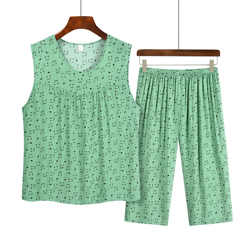 Sleeping Wear For Women New Cotton Printed Sleeveless Pyjama Sets Middle Aged Mother Pajamas Summer Nightwear Home Clothing