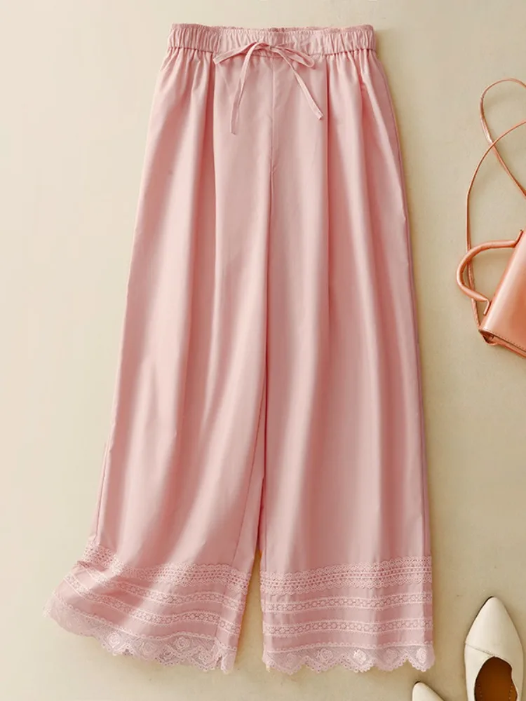 

Хлопковые брюки с кружевной отделкой, повседневные, женские, с высокой талией, с поясом, омолаживающие, универсальные, прямые, широкие, тонкие, летние