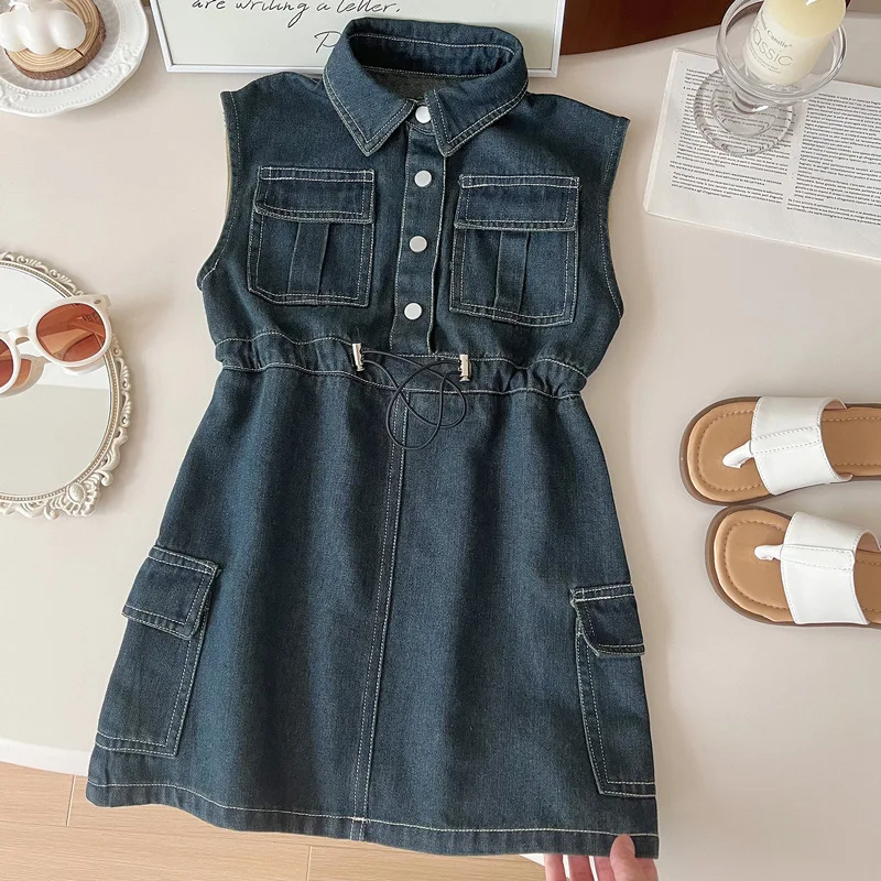 Girl's denim dress2024Summer New Sleeveless Vest Skirt Washed Soft Denim Waist-Tight Dress